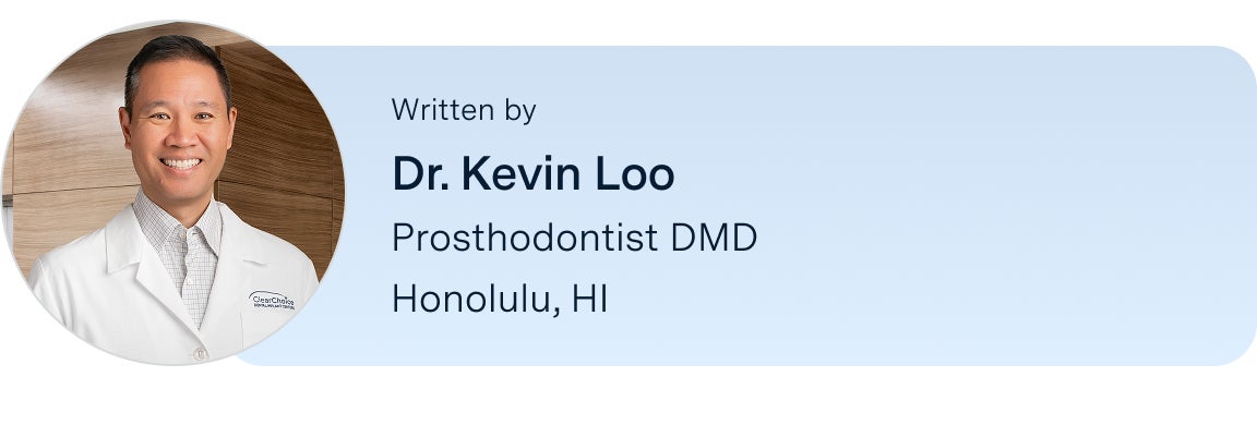 An image of Dr. Kevin Loo, DMD, the author of this blog, with his title and location listed below his name: prosthodontist DMD, located in the ClearChoice Honolulu, Hawaii center.