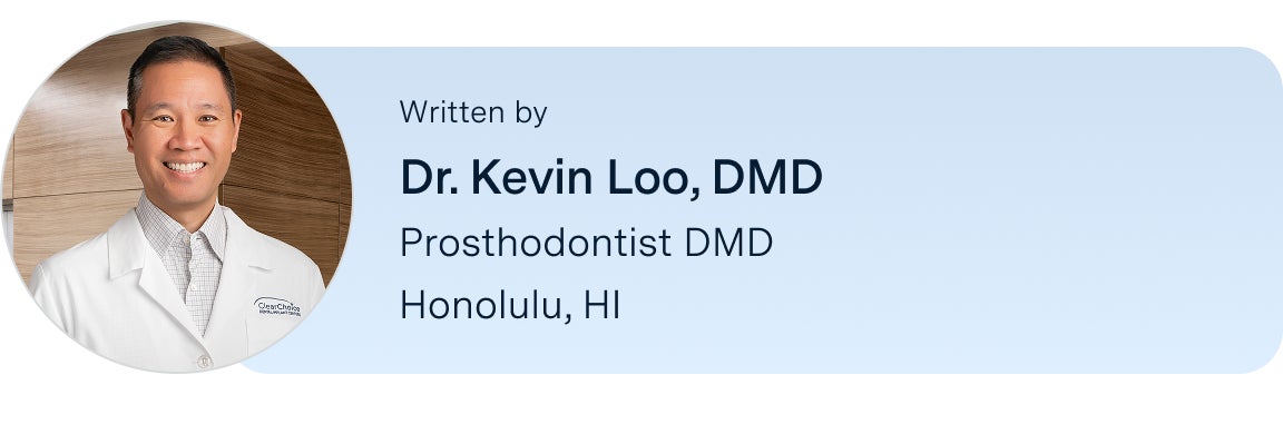 An image of Dr. Kevin Loo, DMD, the author of this blog, with his title and location listed below his name: prosthodontist DMD, located in the ClearChoice Honolulu, Hawaii center.