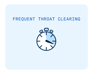 Image highlighting the symptom of bad breath: 'Frequent throat clearing,' accompanied by an alarm clock icon. Recognizing oral health indicators.