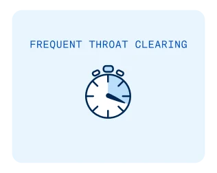 Image highlighting the symptom of bad breath: 'Frequent throat clearing,' accompanied by an alarm clock icon. Recognizing oral health indicators.
