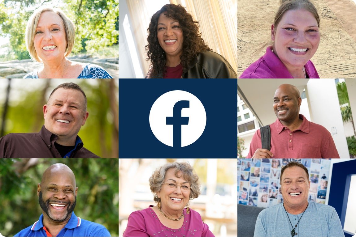 Collage of smiling ClearChoice patients surrounding a Facebook icon, showcasing real stories and smiles from the ClearChoice community.