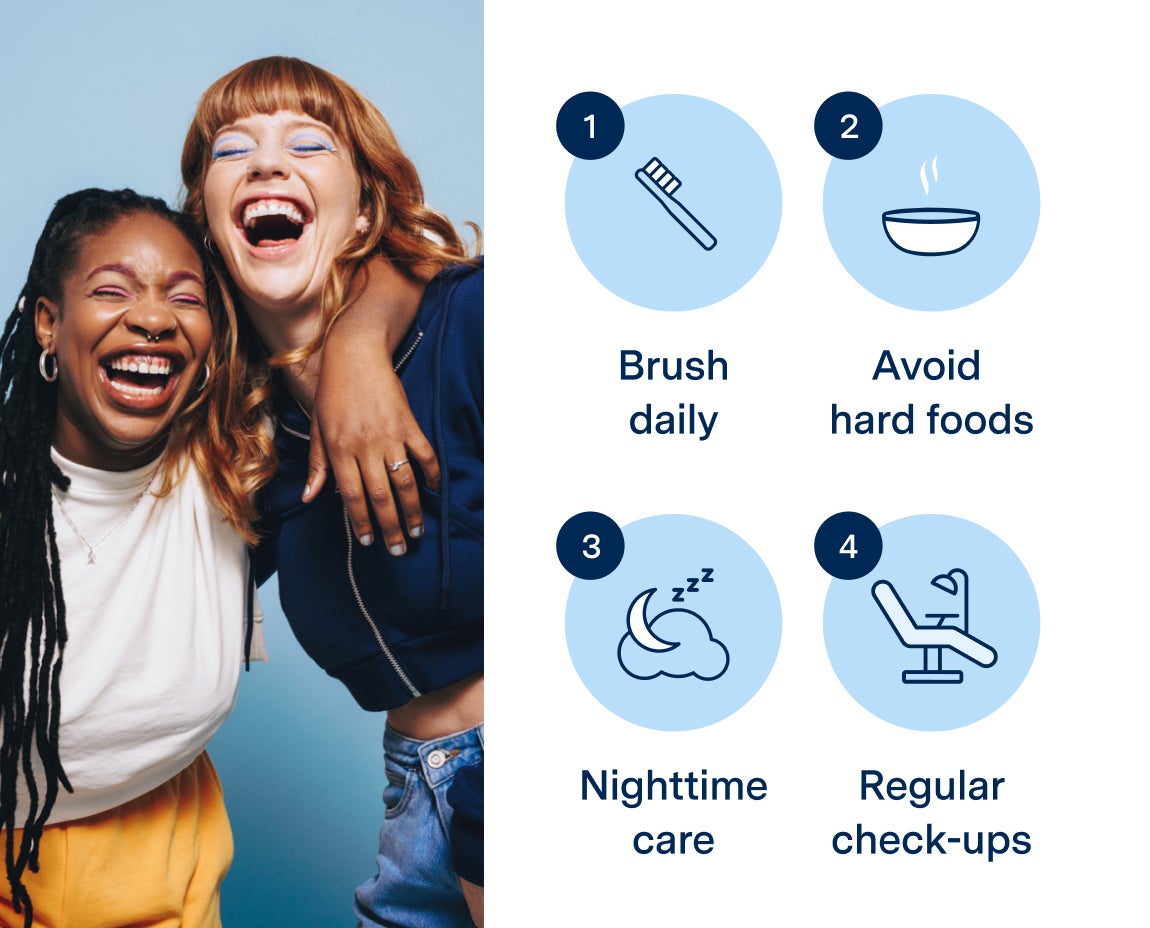 An infographic from Aspen Dental showing tips for dental veneers care, including brushing daily, avoiding hard foods, nighttime care, and regular check-ups, alongside an image of two happy women smiling confidently.