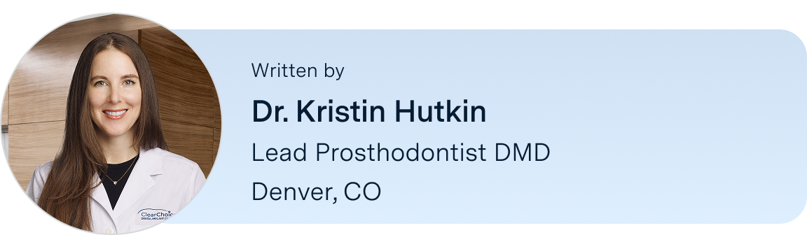 Information on Dr. Kristin Hutkin, prosthodontist DMD, located in the Denver, Colorado ClearChoice center, the author of this blog. Along with her headshot on the left.