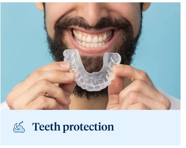 A person with a beard is holding a clear dental mouth guard in front of their teeth. Below, the text reads "Teeth protection" with an icon depicting good night sleep.