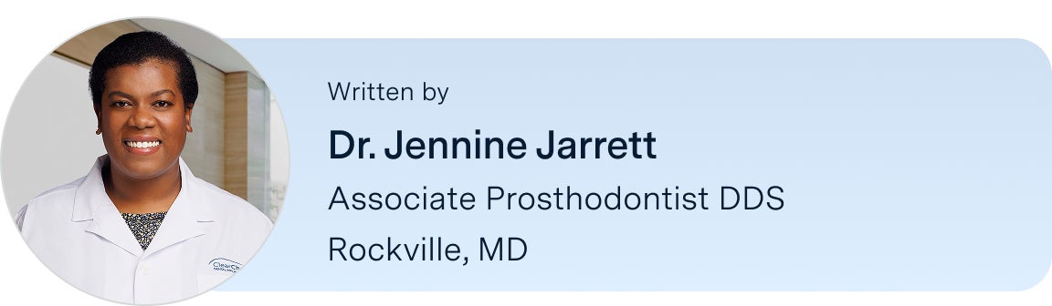 Information on Dr. Jennine Jerrett, associate prosthodontist DDS, located in the Rockville, Maryland ClearChoice center, the author of this blog. Along with her headshot on the left.