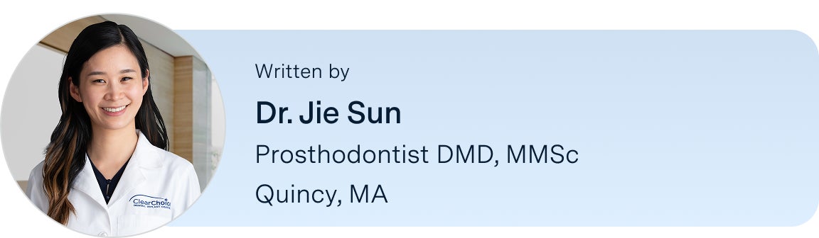 Information on Dr. Jie Sun, prosthodontist, DMD, MMSc, located in the Quincy, Massachusetts ClearChoice center, the author of this blog. Along with her headshot on the left.