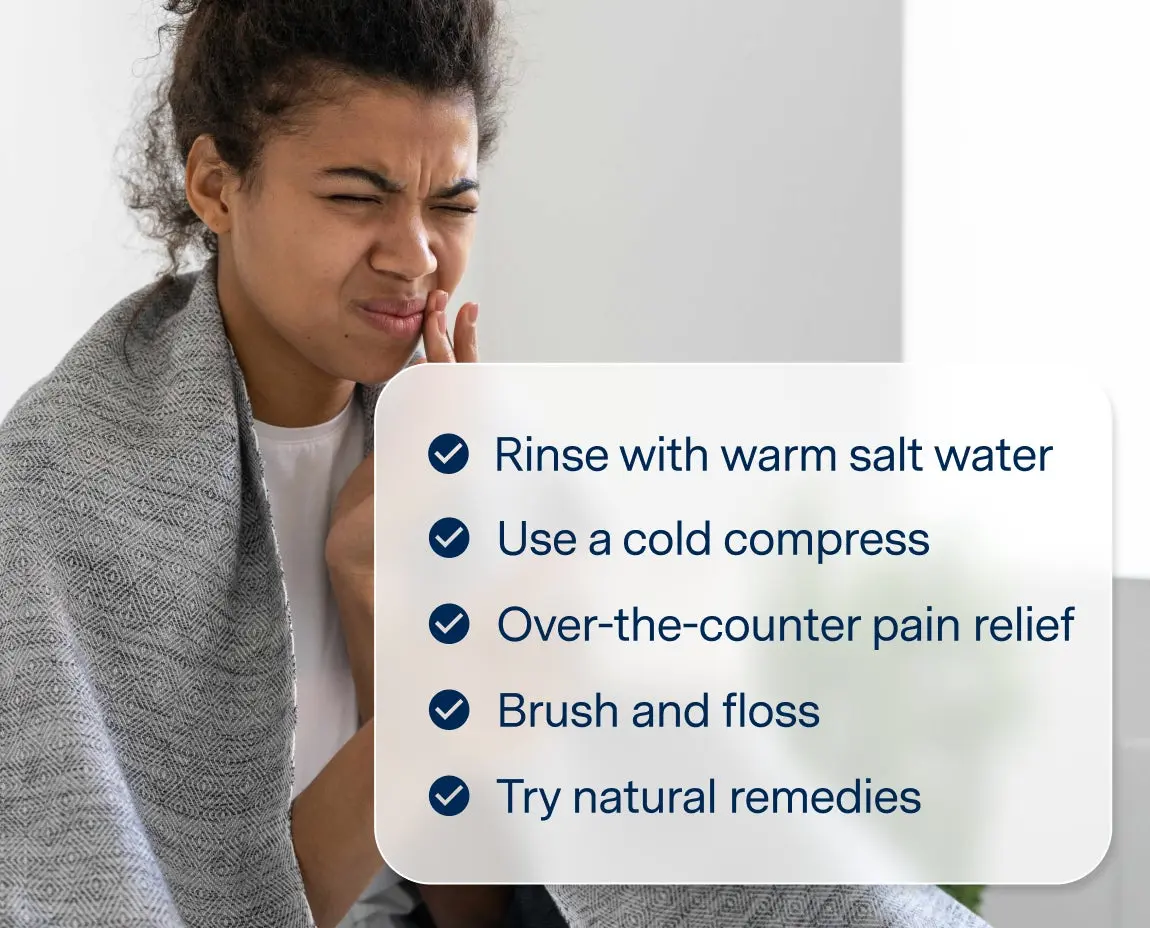 A person wrapped in a blanket holding their jaw in pain, with a list of home remedies for toothache relief displayed, including rinsing with warm salt water, using a cold compress, over-the-counter pain relief, brushing and flossing, and trying natural remedies.