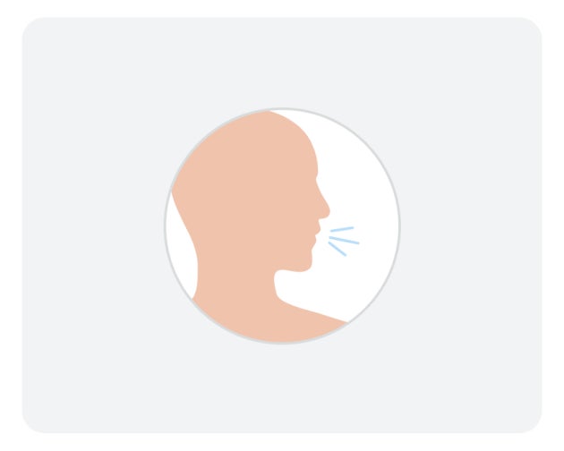  An illustration of a human silhouette facing towards the right, with short blue lines protruding out from the mouth area, as if the person was speaking. This is to show there is sensitivity to the throat and may be a disturbance in speech, due to throat and tongue infection/soreness.