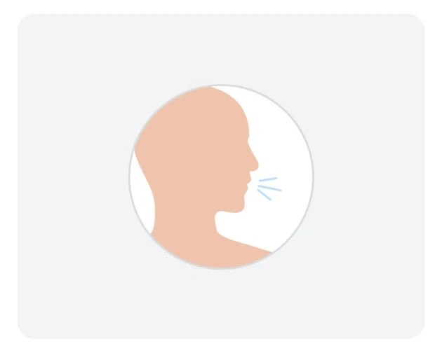 An illustration of a human silhouette facing towards the right, with short blue lines protruding out from the mouth area, as if the person was speaking. This is to show there is sensitivity to the throat and may be a disturbance in speech, due to throat and tongue infection/soreness.