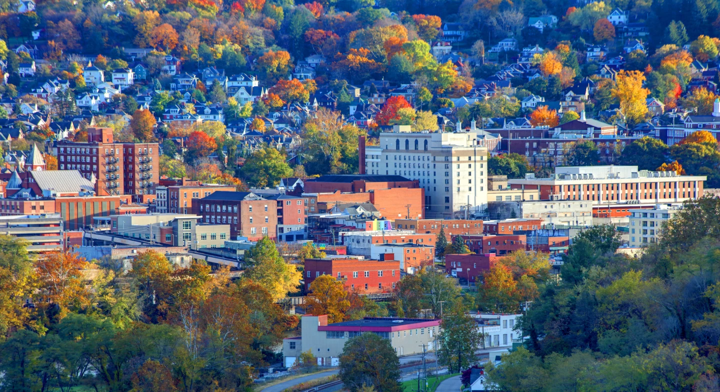 Buildings in west Pittsburgh surrounded by autumn foliage