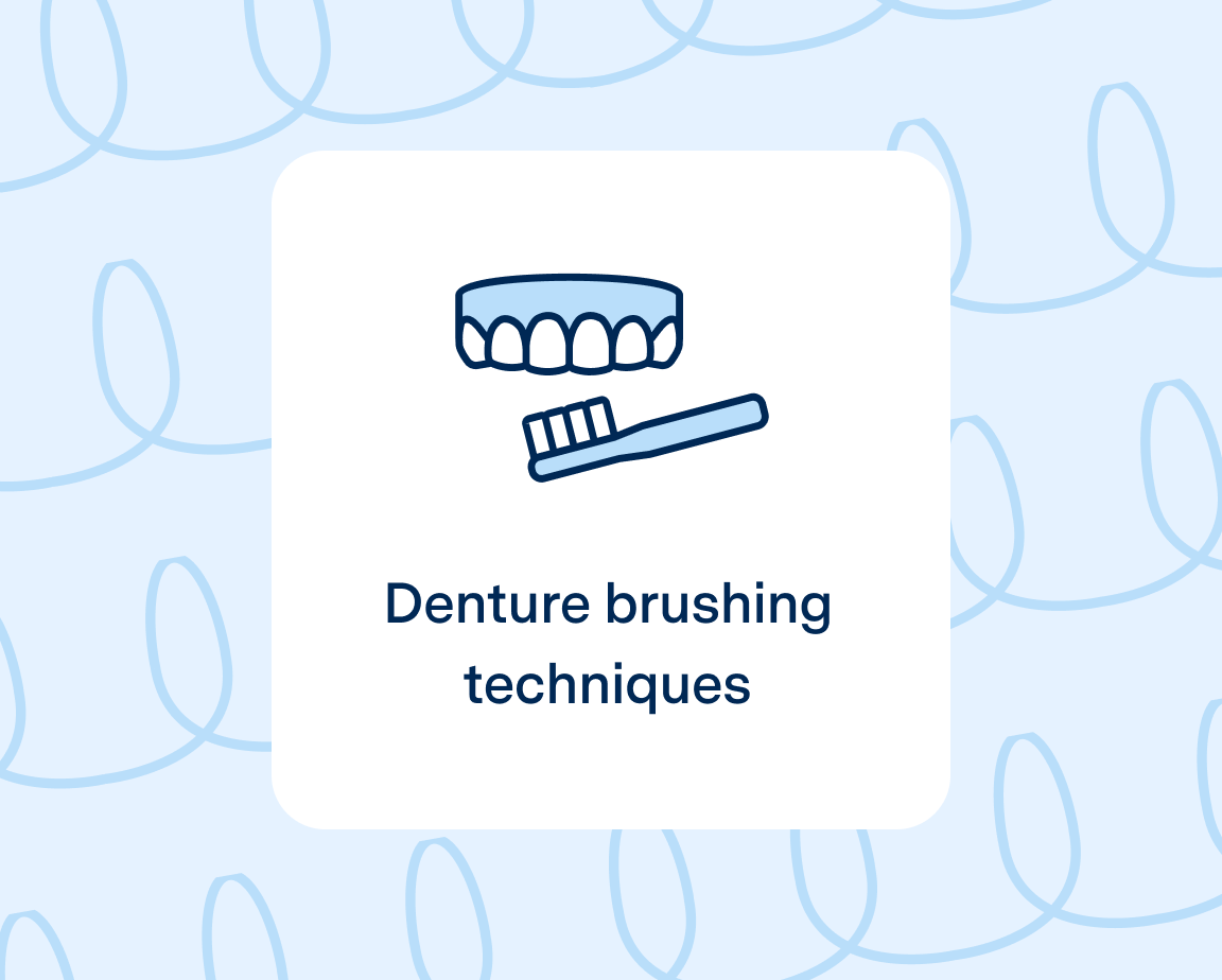 Illustration of dentures next to a toothbrush with the text "Denture brushing techniques" below. The background has a pattern of light blue, curved dental floss.