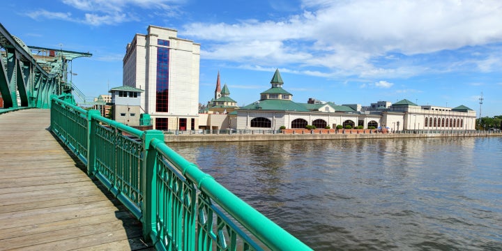A bridge over a river that runs through a southwestern Chicago suburb. 