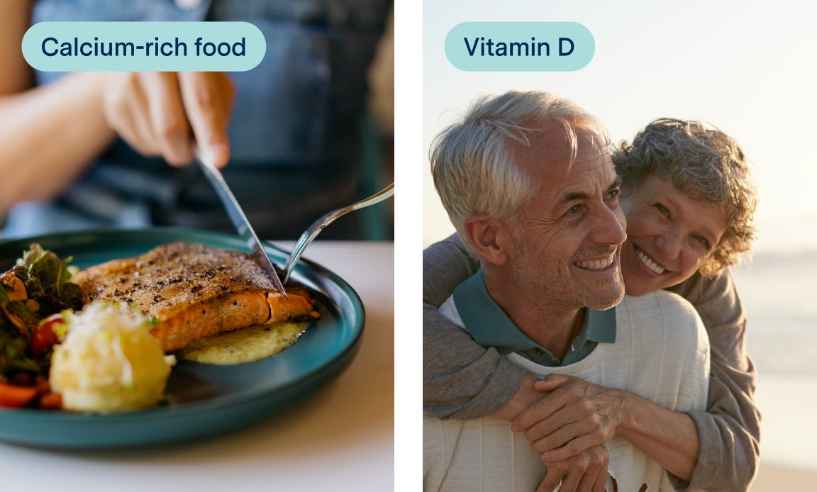 Left image shows a person cutting a piece of salmon with fork and knife in a green dinner plate with mashed potatoes and vegetables, labeled "Calcium-rich food." Right image shows a smiling couple and the woman is hugging the man from the back outdoor, with the label "Vitamin D.