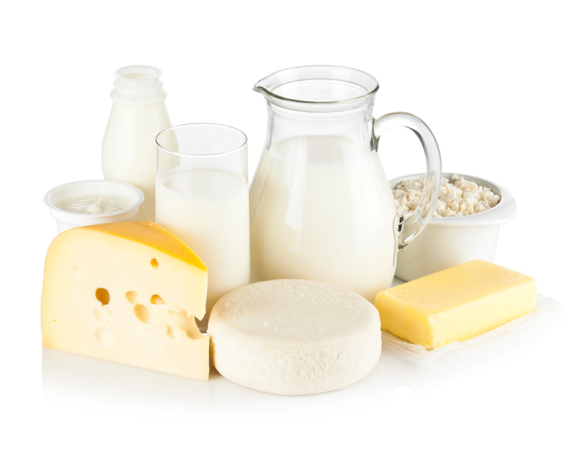 Assorted dairy products including cheese, milk, and butter displayed on a white background, highlighting common dairy options