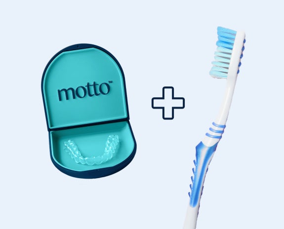 Motto aligner case with clear aligners next to a blue and white toothbrush, symbolizing oral care and maintenance.