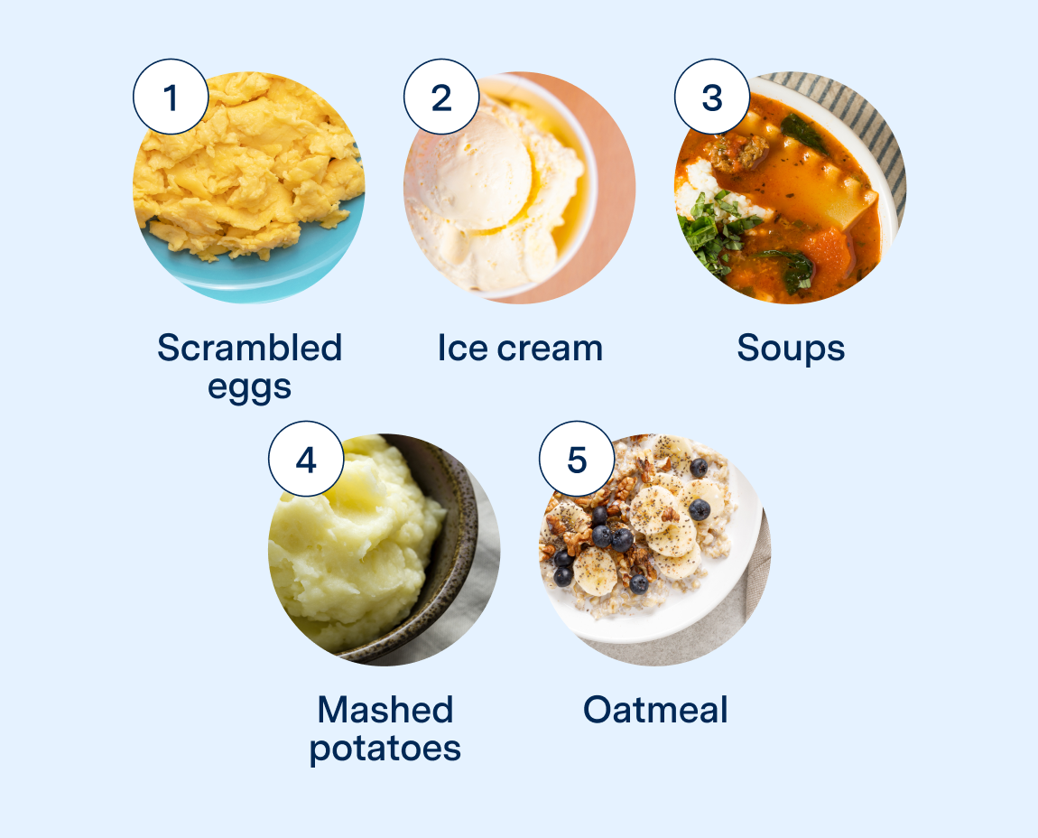 Graphic of top 5 foods that you can eat after wisdom teeth removal:
Scrambled eggs
Ice cream
Soups
Mashed potatoes
Oatmeal