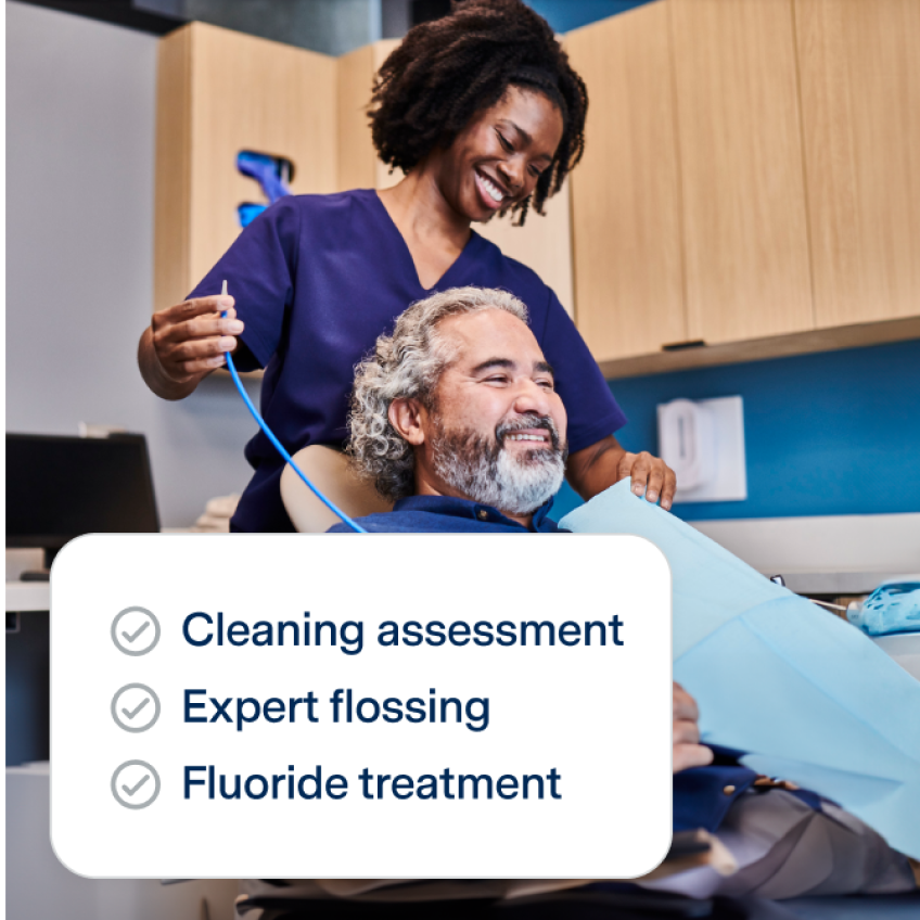 Dental hygienist smiling over patient with white box graphic and text listing oral care services.