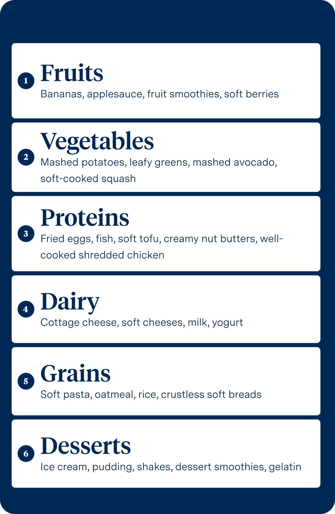 Infographic lists soft foods to eat after a root canal, including fruits, vegetables, proteins, dairy, grains, and desserts. Emphasizes gentle chewing.