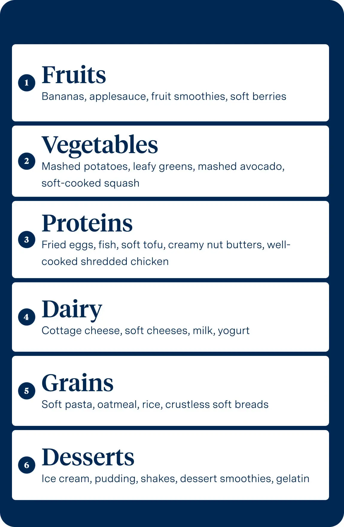Infographic lists soft foods to eat after a root canal, including fruits, vegetables, proteins, dairy, grains, and desserts. Emphasizes gentle chewing.