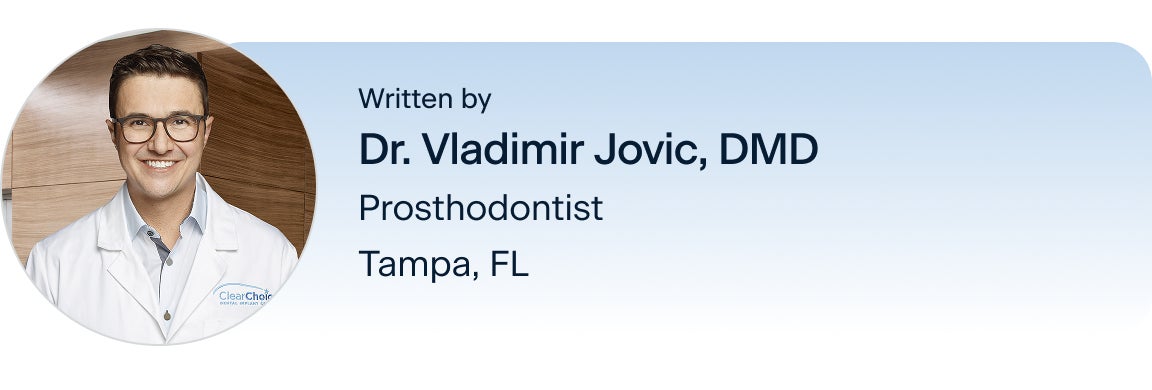 Information on Dr.Vladimir Jovic, prosthodontist DMD, located in the Tampa, Florida ClearChoice center, the interviewee of this blog. Along with his headshot on the left.
