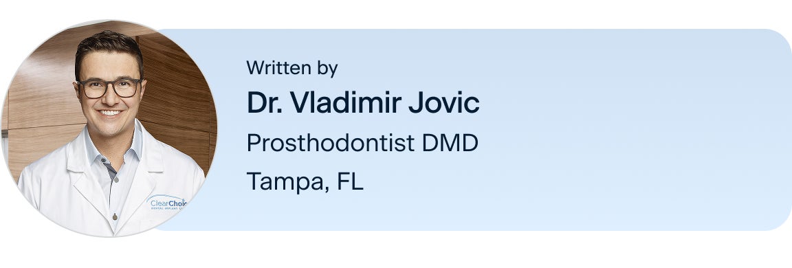 Information on Dr.Vladimir Jovic, prosthodontist DMD, located in the Tampa, Florida ClearChoice center, the interviewee of this blog. Along with his headshot on the left.