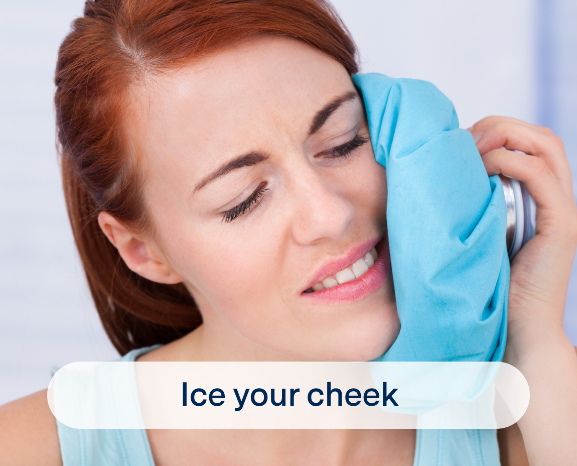 A woman applying ice pack to her cheek to reduce swelling after wisdom teeth removal.