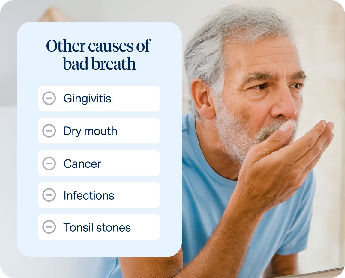 A man in a light blue shirt covers his mouth with his hand while reading a list of bad breath causes, including gingivitis, dry mouth, cancer, infections, and tonsil stones.