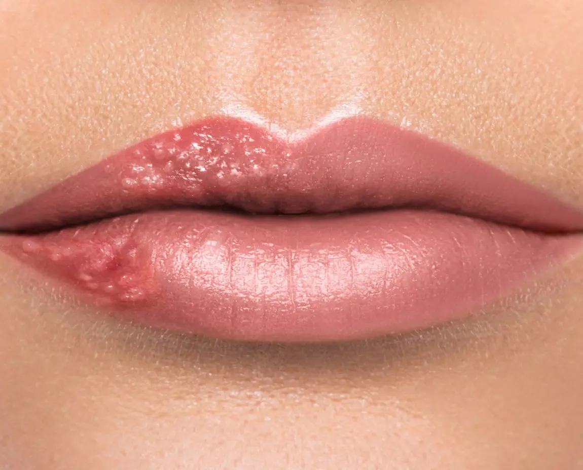 Illustration of a cold sore outbreak on the lip, highlighting a common symptom of oral herpes. Useful for content explaining how to get rid of a cold sore quickly with targeted treatments.