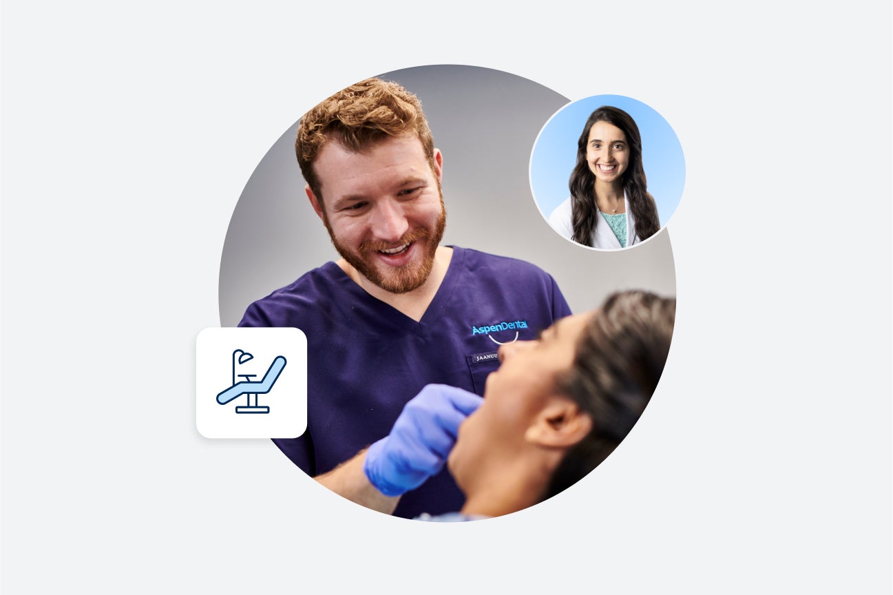 A dentist in a blue scrubs examines a patient’s teeth during a dentist appointment. An inset image shows a smiling woman with long hair in a white coat. Dentist chair icon is visible.