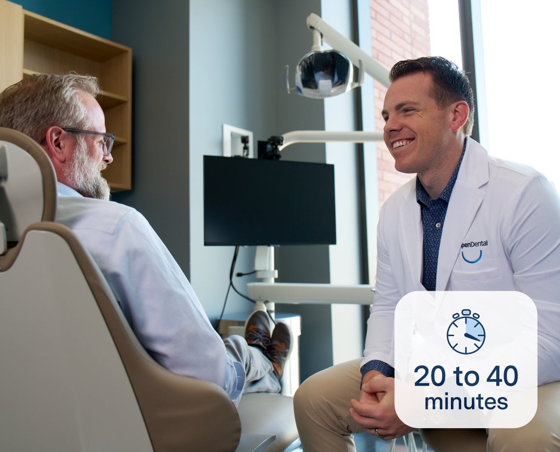 Dentist at Aspen Dental explaining tooth extraction process to a patient in a dental office, with a graphic indicating a duration of 20 to 40 minutes.