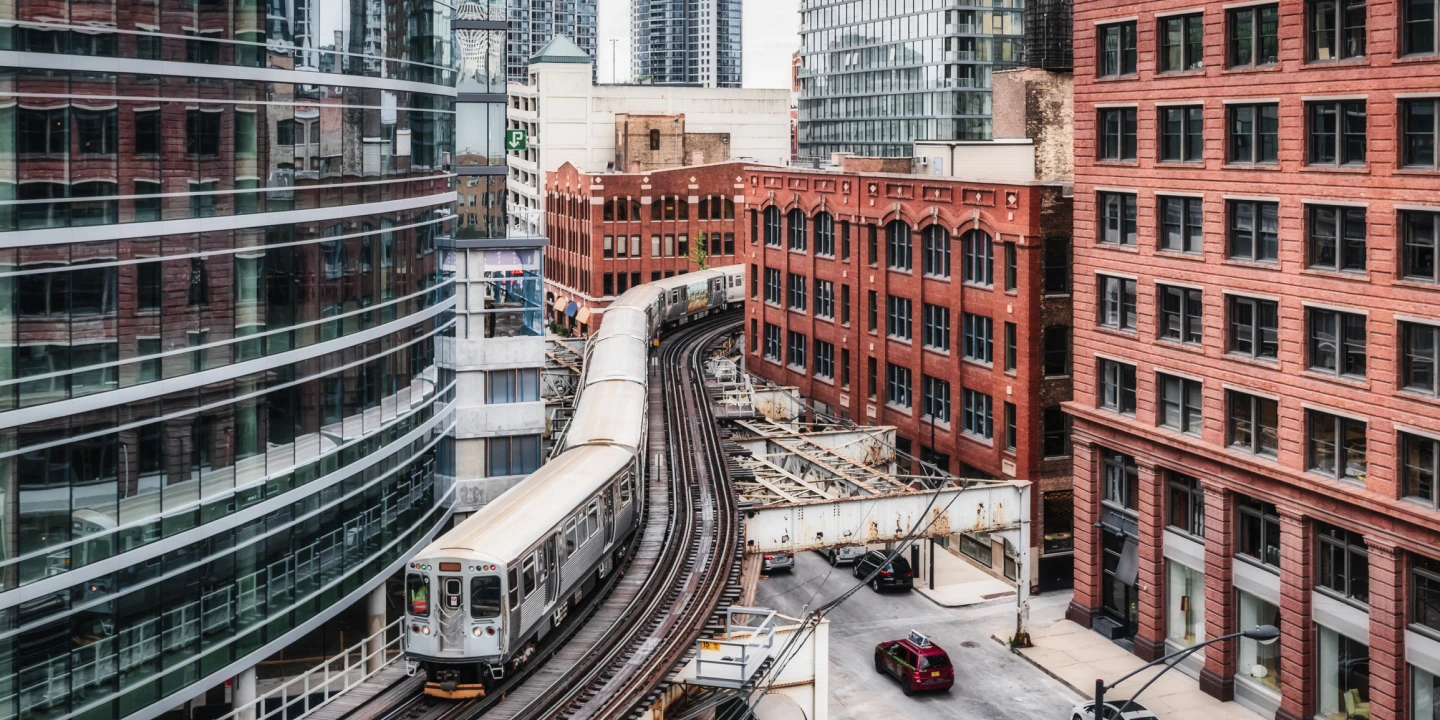 The elevated train on a track in downtown Chicago. 