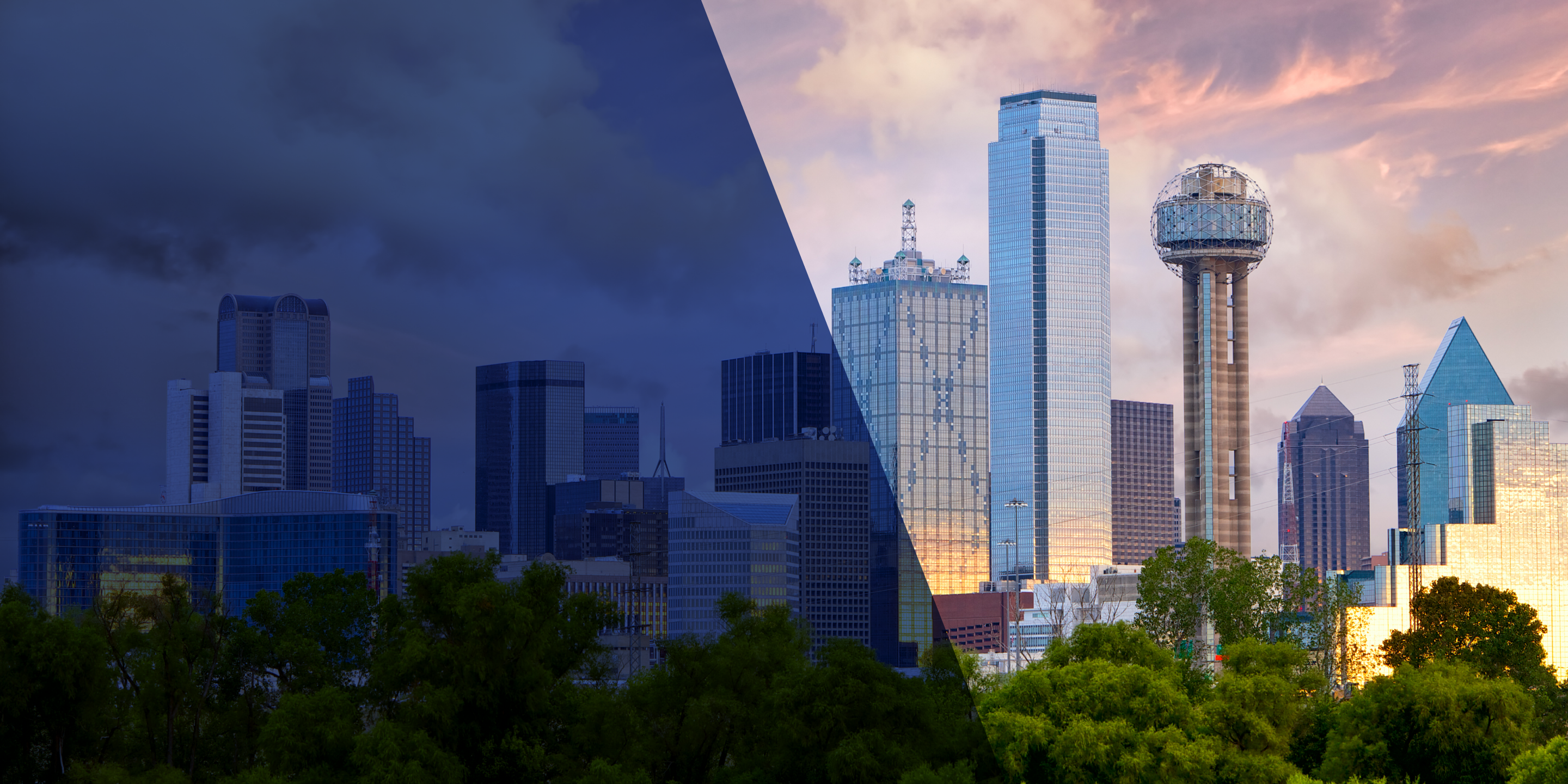 The Dallas skyline at twilight. 