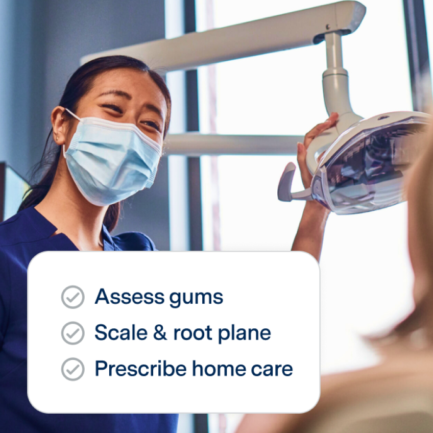Dentist in mask aligns light for gum checkup with white box graphic and text listing oral care services.