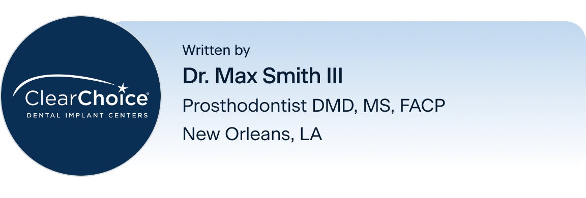 An image of the ClearChoice logo, with the author's name, title and location: Dr. Max Smith III, prosthodontist DMD, MS, FACP, located in the ClearChoice New Orleans, Louisiana center.