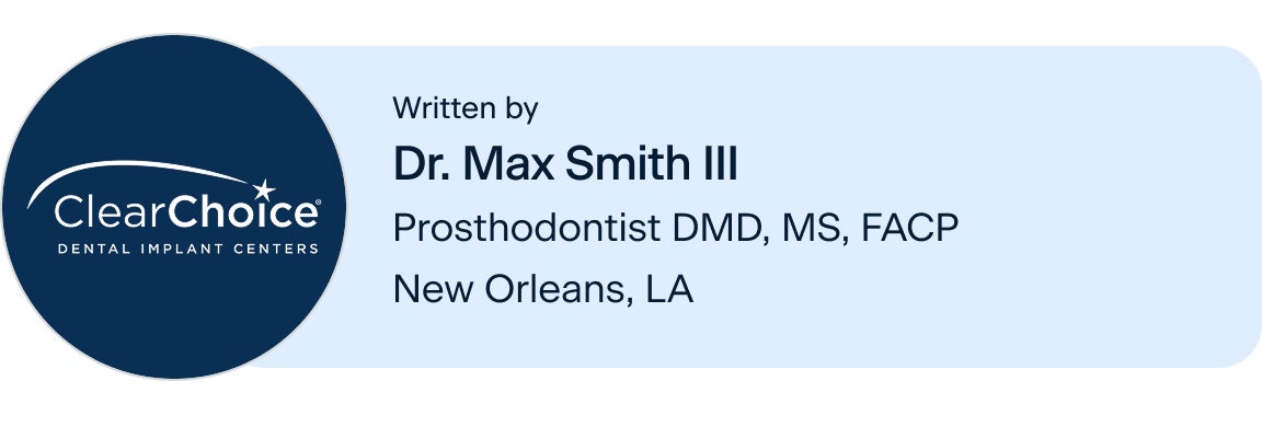 An image of the ClearChoice logo, with the author's name, title and location: Dr. Max Smith III, prosthodontist DMD, MS, FACP, located in the ClearChoice New Orleans, Louisiana center.