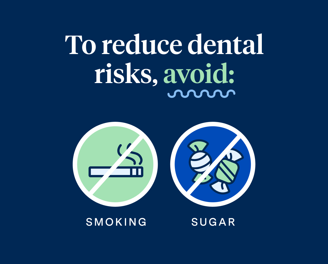 Graphic with text 'To reduce dental risks, avoid:' above icons crossed out for 'smoking' and 'sugar'.