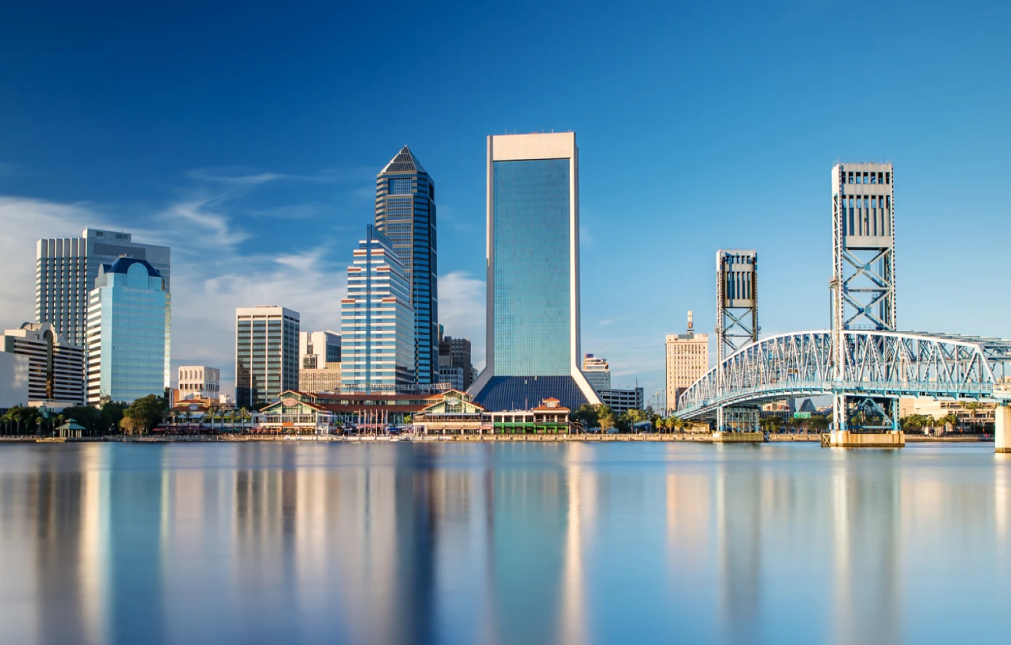 A view of the Jacksonville skyline reflected onto water at midday