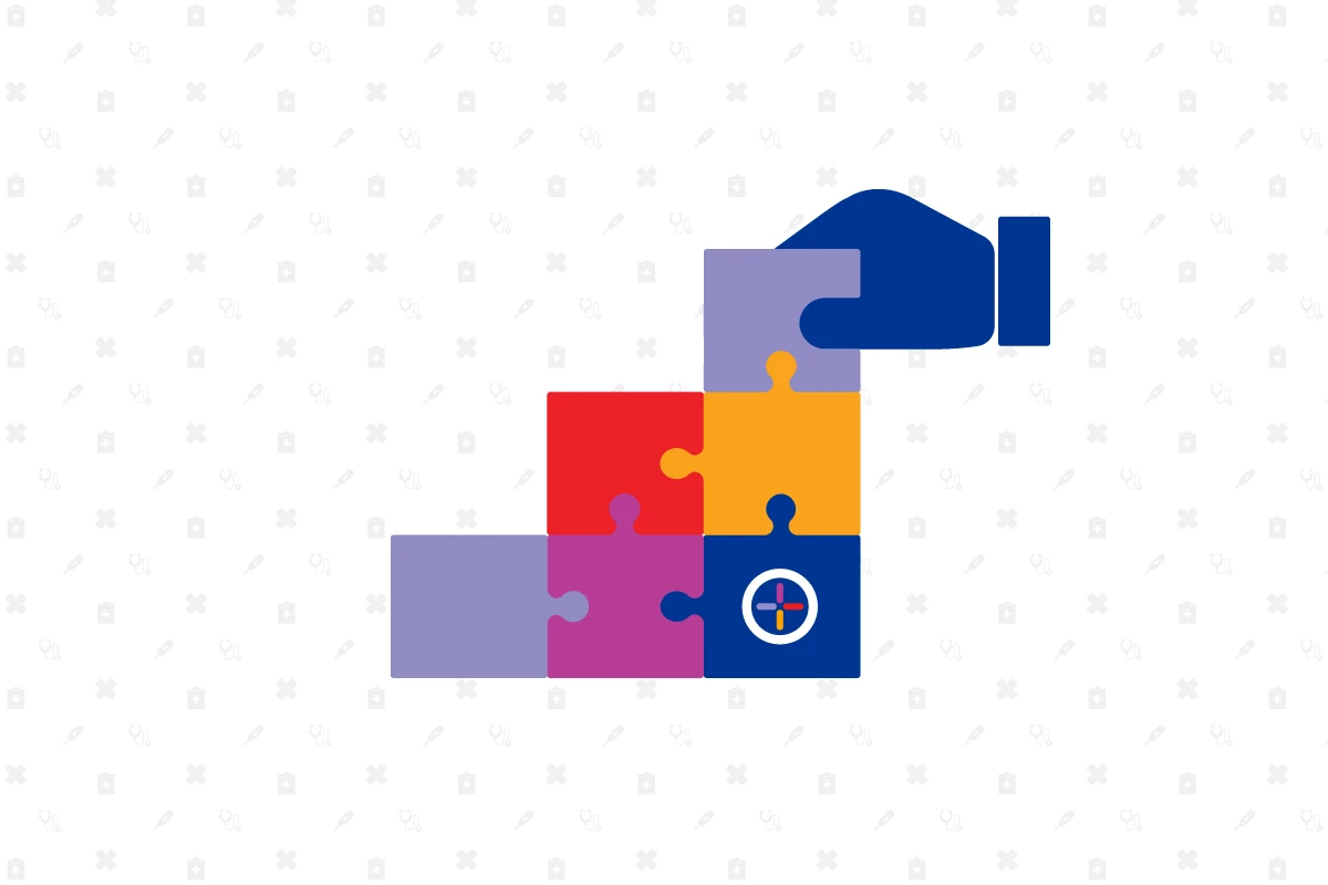 Graphic icons of puzzle pieces fitting together. 