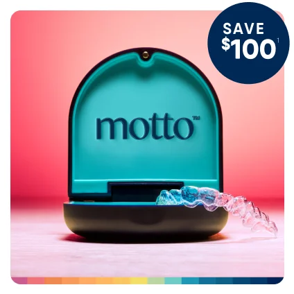Save $100. Motto clear aligners sit in a dark blue case. 