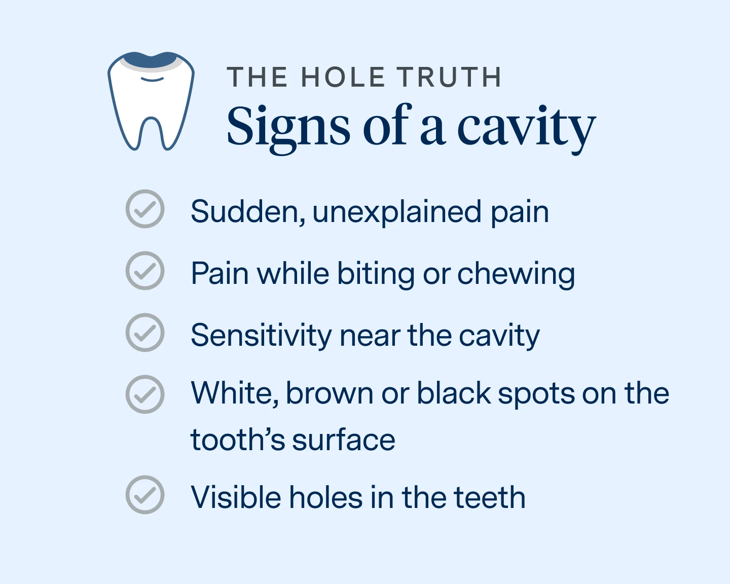 Signs of a cavity are: 
Sudden, unexplained pain
Pain while biting or chewing
Sensitivity near the cavity
White, brown or black spots on the tooth's surface
Visible holes in teeth