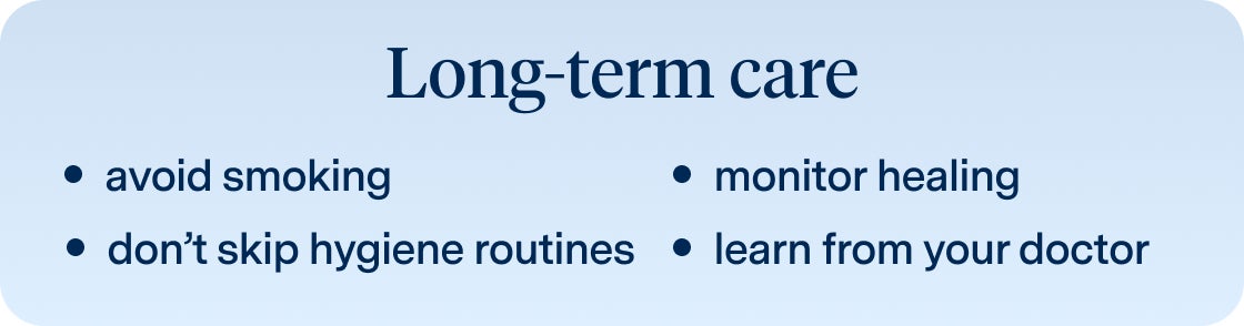 An image providing some long-term care tips for patients after receiving their dental implants, which includes avoid smoking, monitor healing, don't skip hygiene routines, and learn from your doctor.