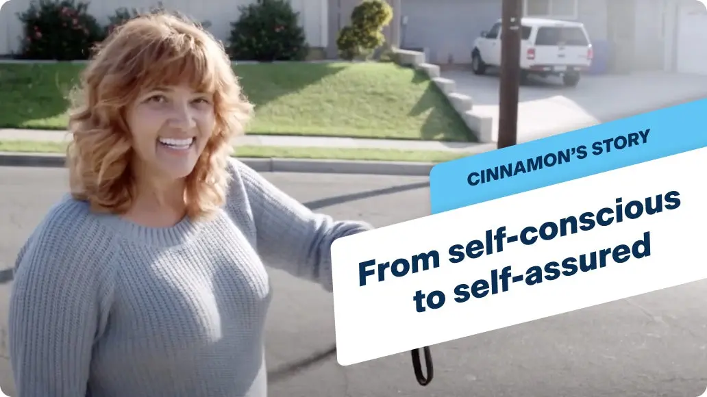 A headline saying Cinnamon's story, from self-conscious to self-assured. 
