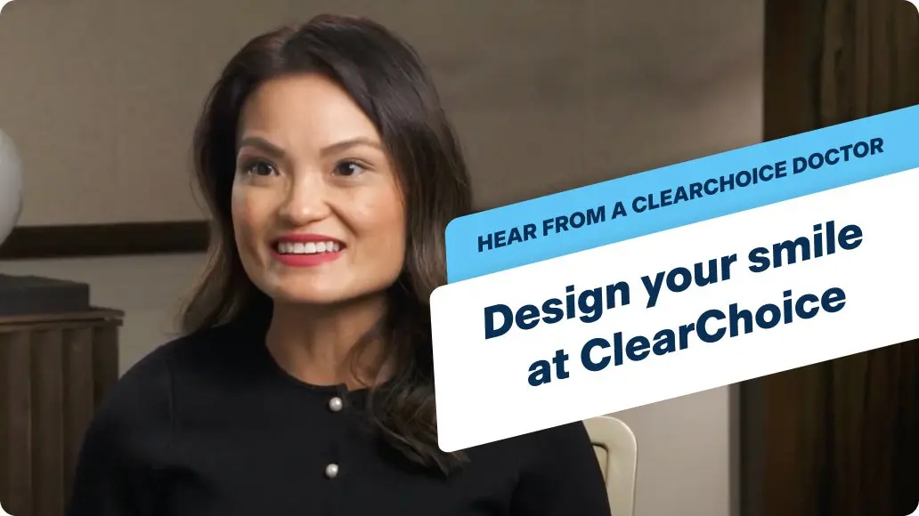 Dr. Hoang, a prosthodontist at ClearChoice, smiles into the camera as she wears a black button up cardigan, with a banner that says "Hear from a ClearChoice doctor, Benefits of Implant Dentures".