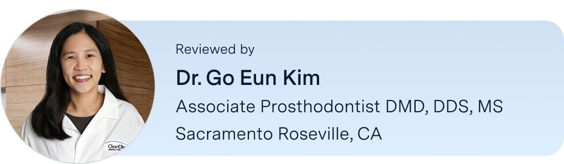 Information on Dr. Go Eun Kim, associate prosthodontist, DMD, DDS, MS, located in the Sacramento Roseville, California ClearChoice center, the reviewer of this blog. Along with her headshot on the left.