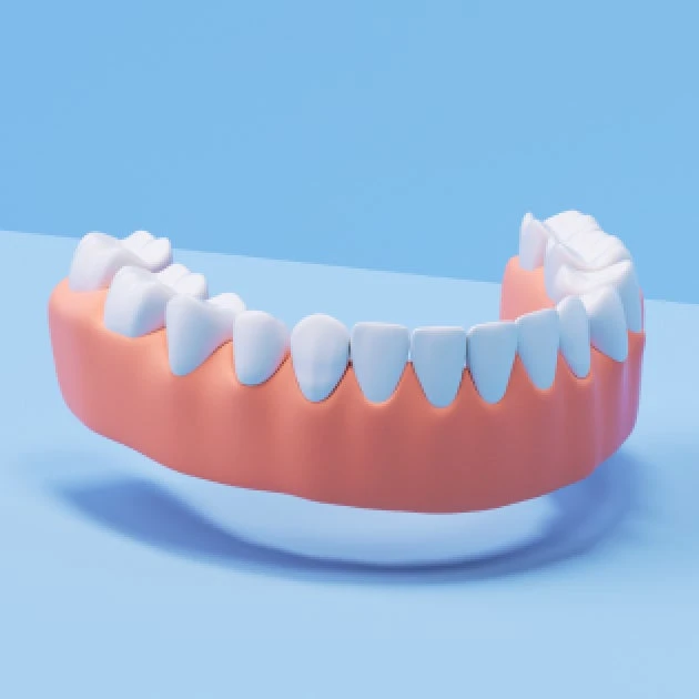 3D illustration of a lower denture model on a blue background.