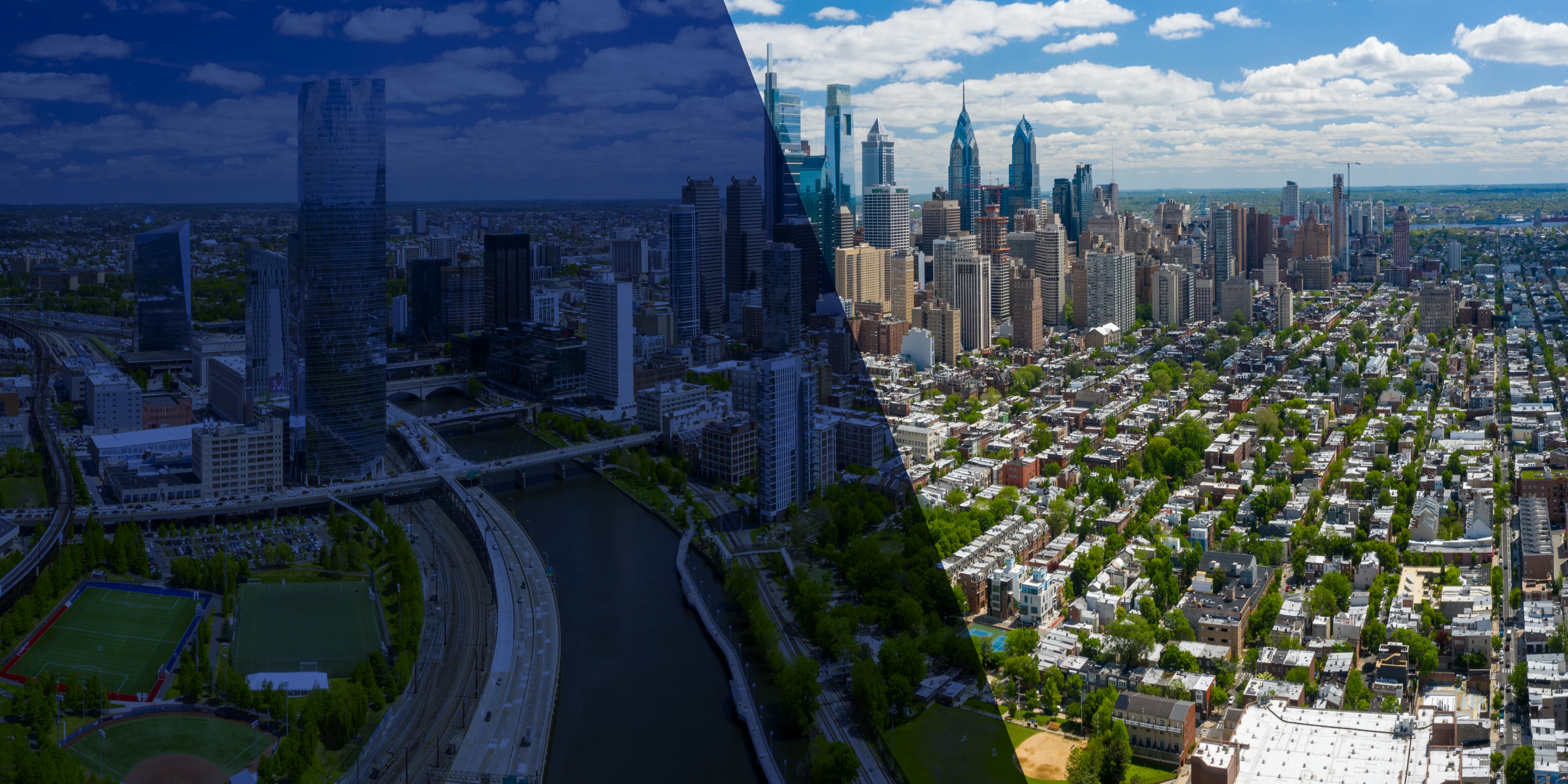 The Philadelphia skyline at midday. 