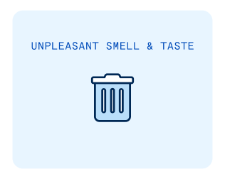 Graphic image indicating symptoms of bad breath: 'Unpleasant smell and taste,' accompanied by a trash can icon. Highlighting oral hygiene awareness.