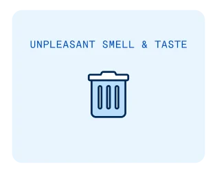 Graphic image indicating symptoms of bad breath: 'Unpleasant smell and taste,' accompanied by a trash can icon. Highlighting oral hygiene awareness.