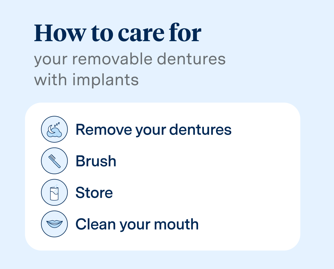 How to care for your removable dentures with implants:
Remove your dentures
Brush regularly
Store properly
Clean your mouth