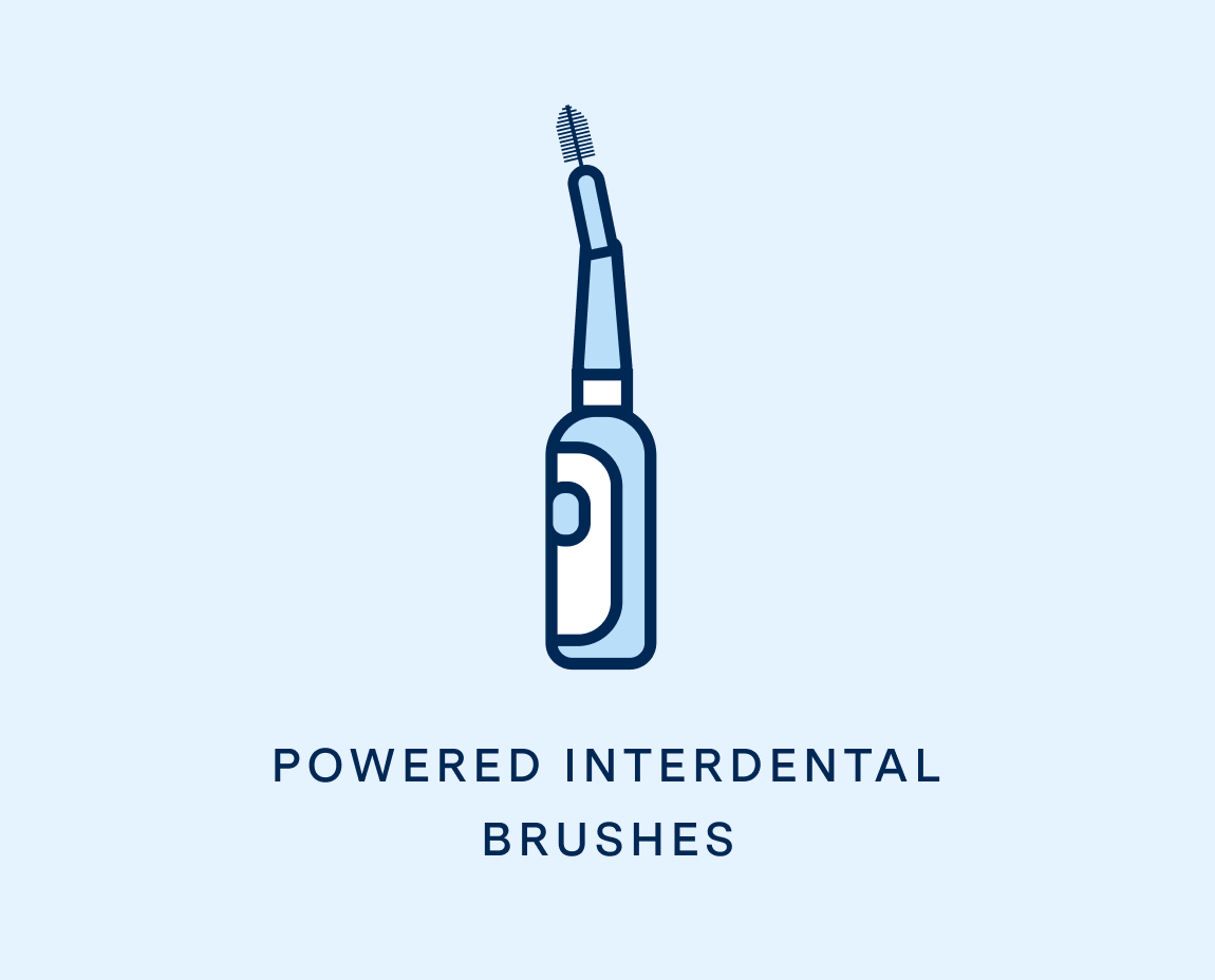 Icon of a powered interdental brush on blue background above 'POWERED INTERDENTAL BRUSHES' text.